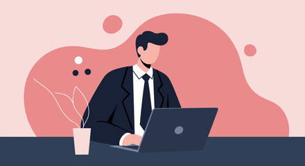 Professional businessman working diligently on his laptop in a modern office setting. Ideal for themes of productivity, remote work, technology, and corporate success.