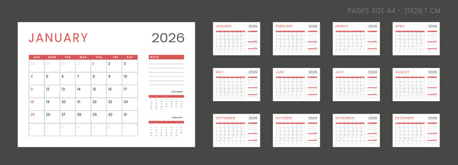 Set of 12 Pages Monthly Calendar Planner Templates on 2026 year. Vector mockup of a wall or desktop calendar organizer grid with the week starting on Sunday ready print. Page for size A4 -21x29.7 cm