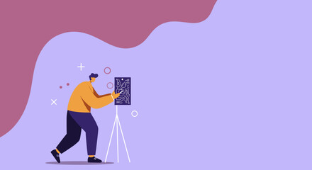 Man examining a circuit board on a tripod, symbolizing innovation, engineering, and technological development. Ideal for tech, business, and educational content.