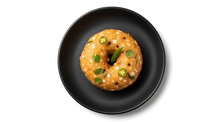A single Sabudana Vada a traditional Indian snack on a black plate isolated on a white background.