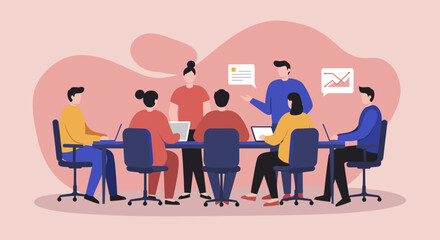 Diverse business team collaborating in a meeting, discussing ideas and analyzing data for project development. Represents teamwork, strategy, and corporate communication.