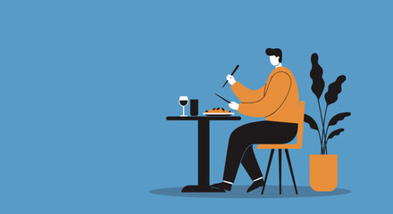 Man enjoying a peaceful meal with chopsticks, wine, and a potted plant. Represents dining out, relaxation, and modern lifestyle concepts.