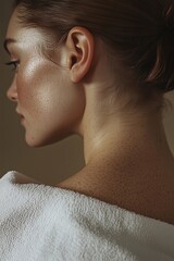 Back view of woman's neck. Natural lightning, elegant and sophisticated aesthetic. Wellness, spa, beauty campaign ad