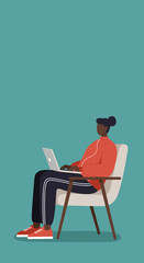 Fototapeta premium Person of color working remotely on a laptop in a comfortable chair, showcasing modern work-from-home lifestyle, productivity, and focus.