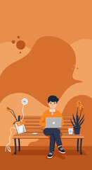 Young man working remotely on a laptop from a park bench, illustrating flexible work, online education, or a digital nomad lifestyle.