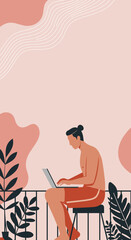 Man working remotely on a laptop from a relaxing balcony, combining productivity with a carefree lifestyle. Ideal for summer work, digital nomad, or flexible business concepts.