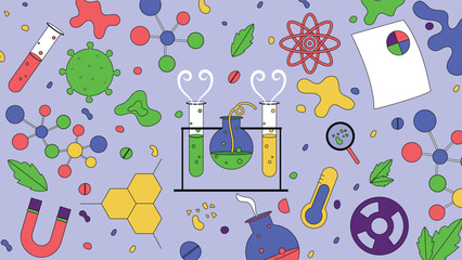 Bright background with colorful science icons including lab tools molecules and symbols, perfect for education, research, medical, and technology themed projects