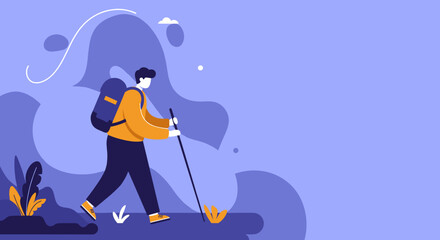 Illustration of a person with a backpack and walking stick, hiking through a vibrant, abstract outdoor landscape. Ideal for adventure, travel, and exploration concepts.