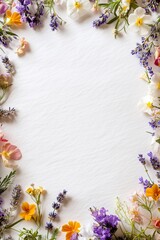 Frame of flowers on textured white paper in vibrant purple and yellow tones. Blank copy space