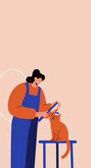 A caring person gently brushes a contented orange cat on a stool. This heartwarming illustration depicts pet care, love, and animal well-being, suitable for pet services or lifestyle content.