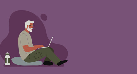 An older man with a white beard and glasses works comfortably on a laptop, representing remote work, digital lifestyle, and modern senior living. Ideal for technology and lifestyle themes.