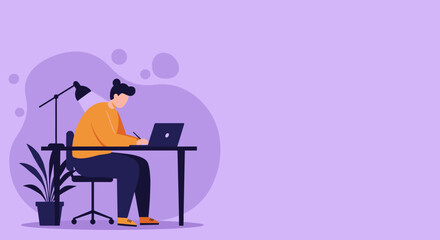 Focused person working at a desk with a laptop and notebook under a desk lamp. Perfect for illustrating remote work, online learning, or productive freelance activity.