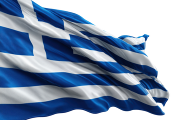 Waving Greek flag with blue and white stripes, symbolizing Greece, on a black background