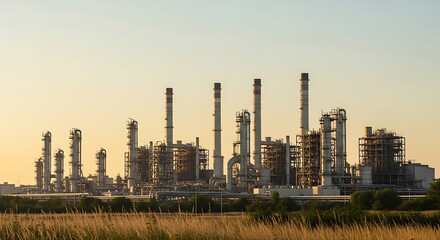 Obraz premium A vast industrial refinery complex stands silhouetted against a tranquil, pale sky at dawn.