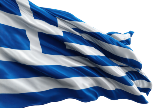 Waving Greek flag with blue and white stripes, symbolizing Greece, on a black background
