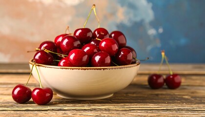 Ripe Red Cherries in a Bowl on Rustic Wooden Table.