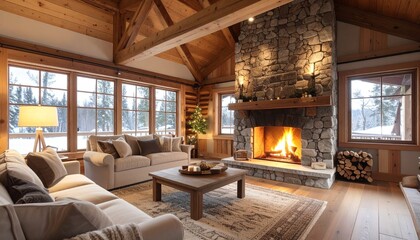 Cozy living room with stone fireplace provides a warm and inviting atmosphere in a rustic cabin during a snowy winter season.