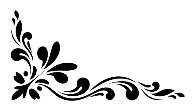 Elegant black flourish swirl design corner ornament silhouette isolated on white background