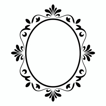 Elegant oval black flourish frame silhouette isolated on white background