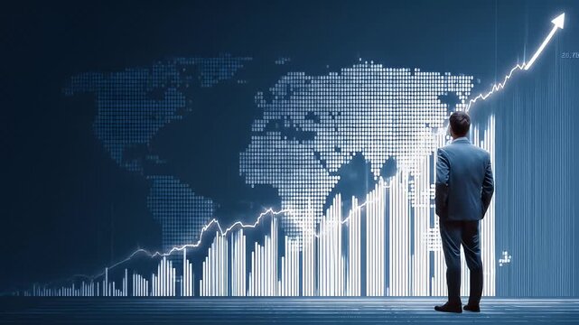 Businessman Analyzing Global Data Trends with Digital World Map Visualization and Financial Graphs in Background - Powered by Adobe