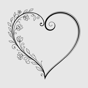 Elegant heart shaped floral design silhouette isolated on white background