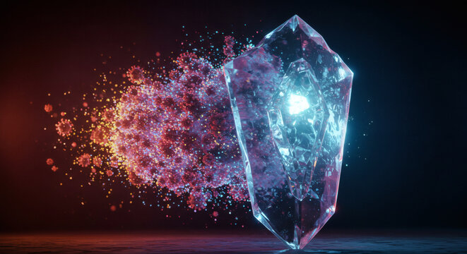 Conceptual visualization of a crystalline energy shield repelling a digital virus or microscopic threat on a dark background - Powered by Adobe