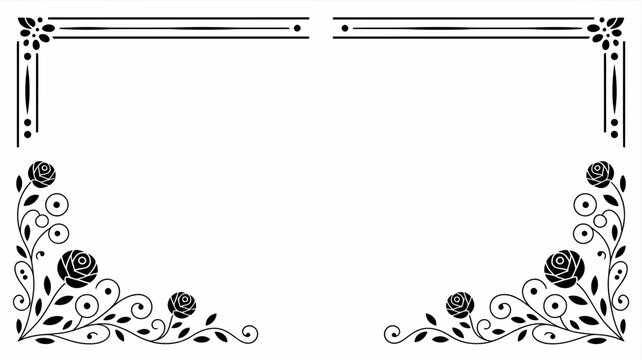 Elegant black rose flourish corner borders with decorative lines silhouette isolated on white background