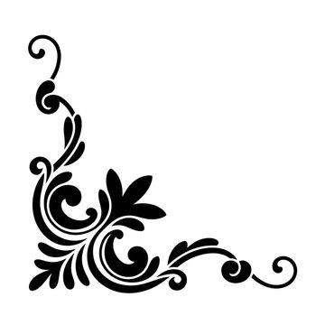 Elegant black flourish corner design with swirls and leaves isolated on white background silhouette