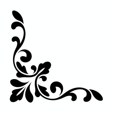 Elegant black flourish corner design with swirling leaves isolated on white background silhouette