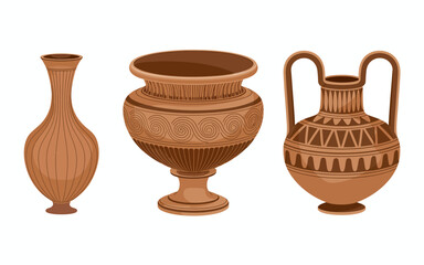 Three Ancient Greek Pottery Vases Illustrating Historical Art and Cultural Heritage Museum Exhibition Objects for Art History Education and Decoration © SHOHRAB HOSSAIN