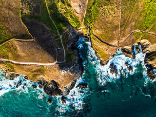 Top Down view over cliffs from a drone, Lizard Peninsula, South West Coast Path, Lizard, Cornwall, England