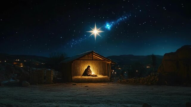 Nativity scene with bright starry night and manger silence. Merry Christmas, Nativity, Xmas, Noel, Navidad - Global Winter Holiday, Christian Religious Celebration. Happy New Year