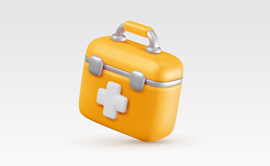 Vector illustration of realistic yellow color medical box with cross isolated on white background. Medical symbol of first aid icon. 3d cartoon style design of hospital hand bag with white cross