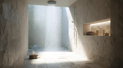 Serene Shower Space: A luxurious stone-walled shower with rain showerhead, capturing the perfect blend of spa-like luxury and the peace of nature.  