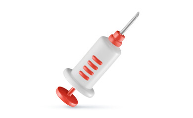 Vector illustration of realistic red color medical tool. 3d cartoon style design of doctor or nurse syringe. Medical symbol of icon of injection syringe for vaccination and treatment