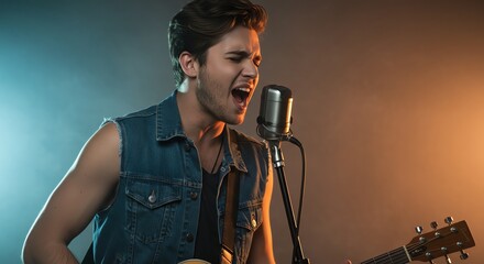 Man singing into microphone with guitar