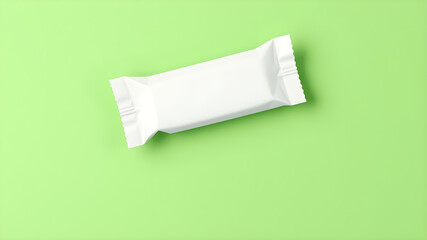 Obraz premium A single clean white wrapper for a snack or candy bar rests on a vibrant green background
