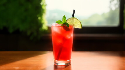 라임 장식이 된 붉은 칵테일 음료