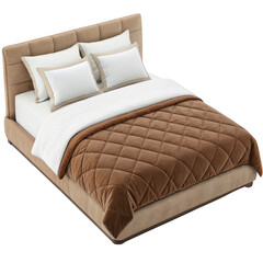 Obraz premium Comfortable bed with brown quilt isolated on transparent background