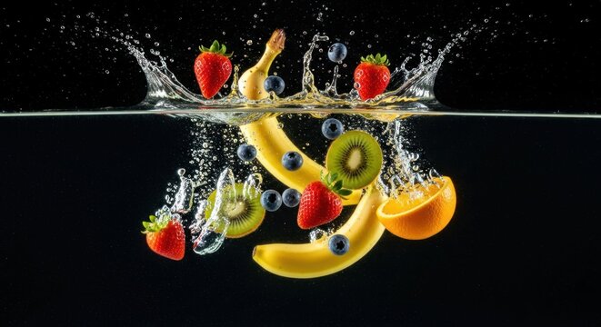 Fresh fruit splashing into water