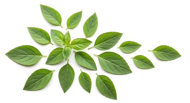 Fresh basil leaves arranged in a radiating pattern against a white background