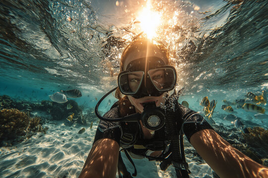 Underwater selfie of a scuba diver exploring colorful tropical fish and coral reef with sunlight filtering through water