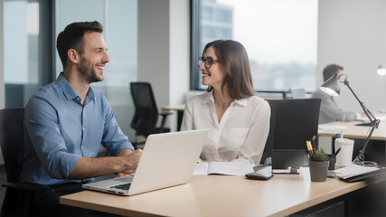 Obraz premium 사무실에서 함께 웃으며 대화하는 두 직장인