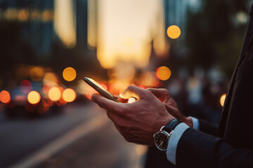 Close-up of a businessman using a smartphone on a city street with blurred sunset and traffic lights in the background