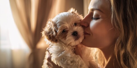 The Puppy Cuddled and Kissed by a Woman in Warm Sunlit Cozy Home
