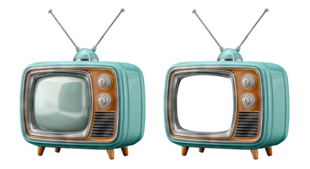 Old analog TV receivers with chrome details and antennas, isolated on transparent cutout background