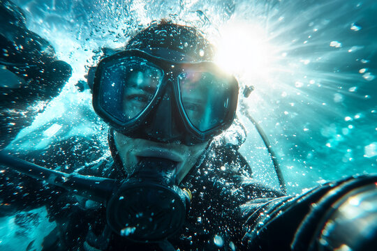 Underwater close-up photo of a scuba diver exploring the ocean with diving mask and breathing apparatus - Powered by Adobe