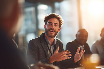 Young businessman engaged in lively discussion during a meeting in a modern office with colleagues in the background
