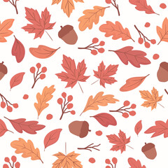 Seamless autumn leaf pattern with red fall foliage on a white background. Perfect for Thanksgiving, seasonal wrapping paper, fabric, wallpaper and digital design projects.