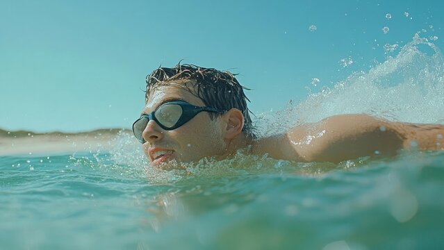 Man swimming front crawl sports water accessories.